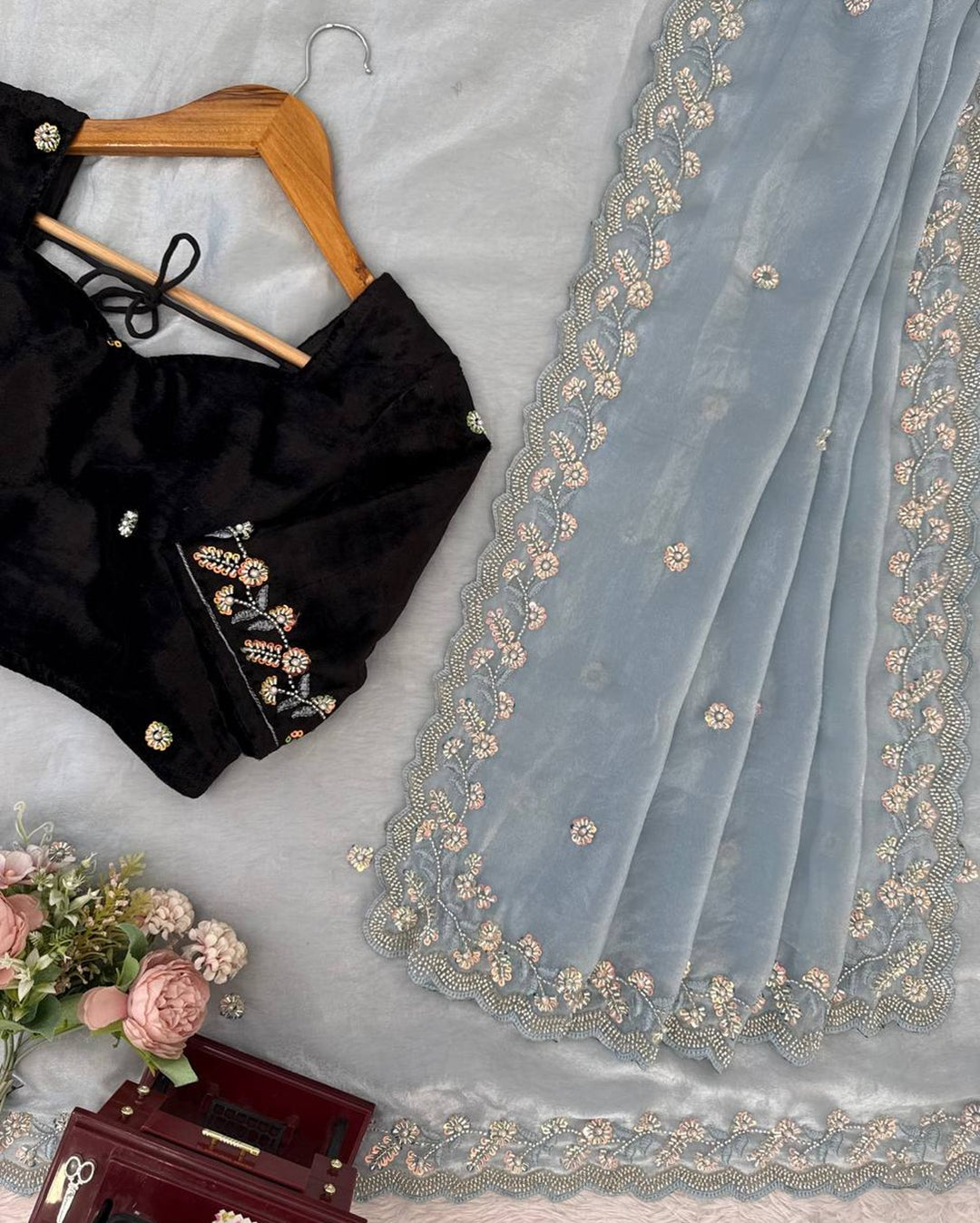 Dusty Grey Silk Designer Saree with Beads Work | Elegance Redefined