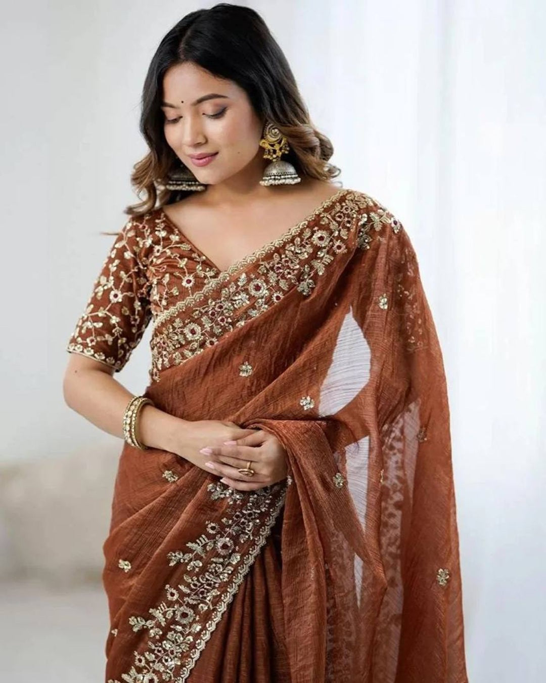 Brown Color Fendi Chiffon Sequin Embroidered Saree