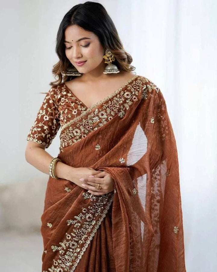 Brown Color Fendi Chiffon Sequin Embroidered Saree
