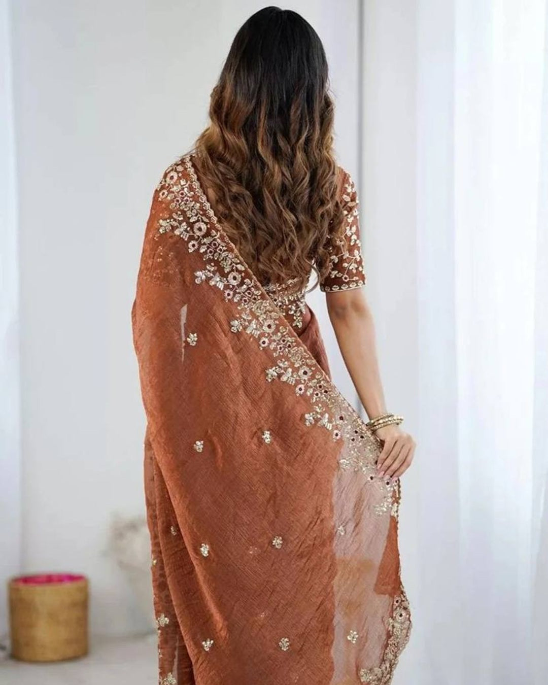 Brown Color Fendi Chiffon Sequin Embroidered Saree
