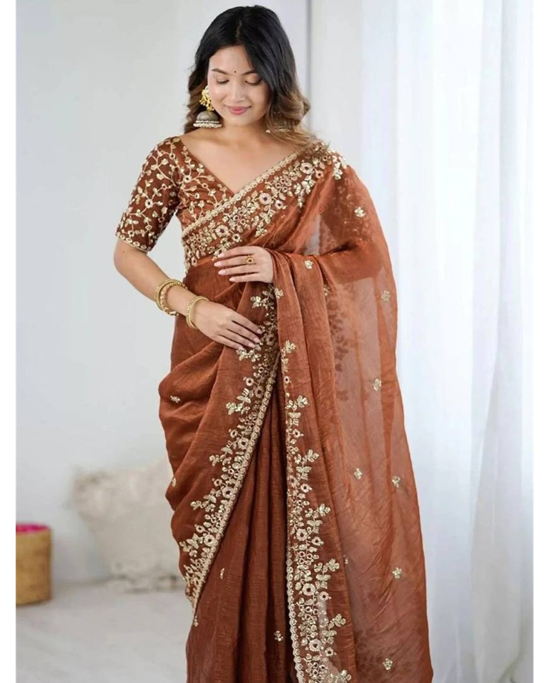 Brown Color Fendi Chiffon Sequin Embroidered Saree