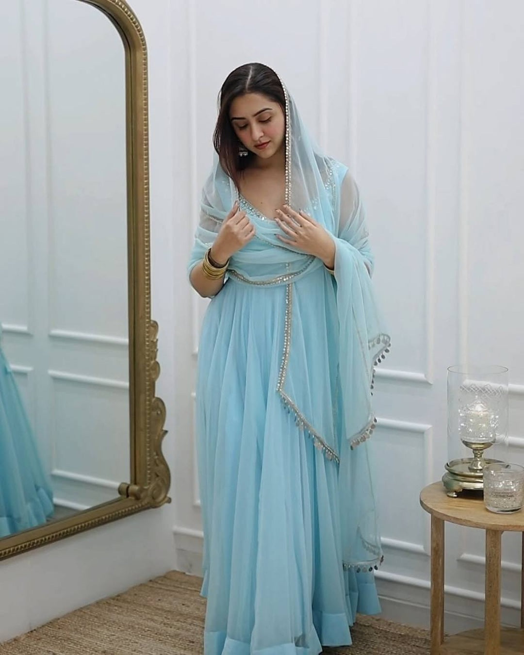 Sky Blue Long Anarkali Suit with Mirror, Kasab & Jari Work