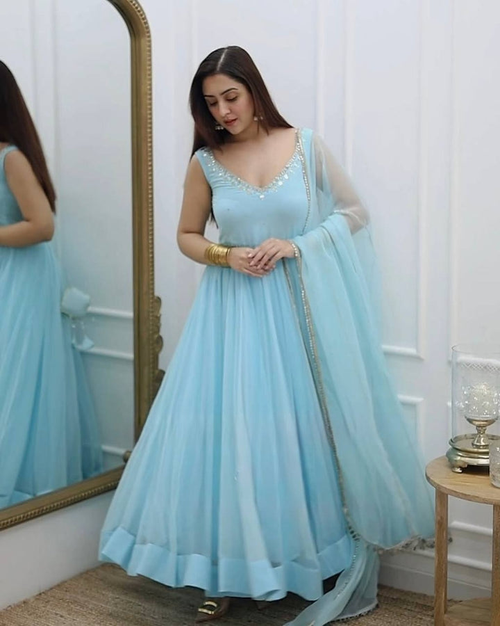 Sky Blue Long Anarkali Suit with Mirror, Kasab & Jari Work