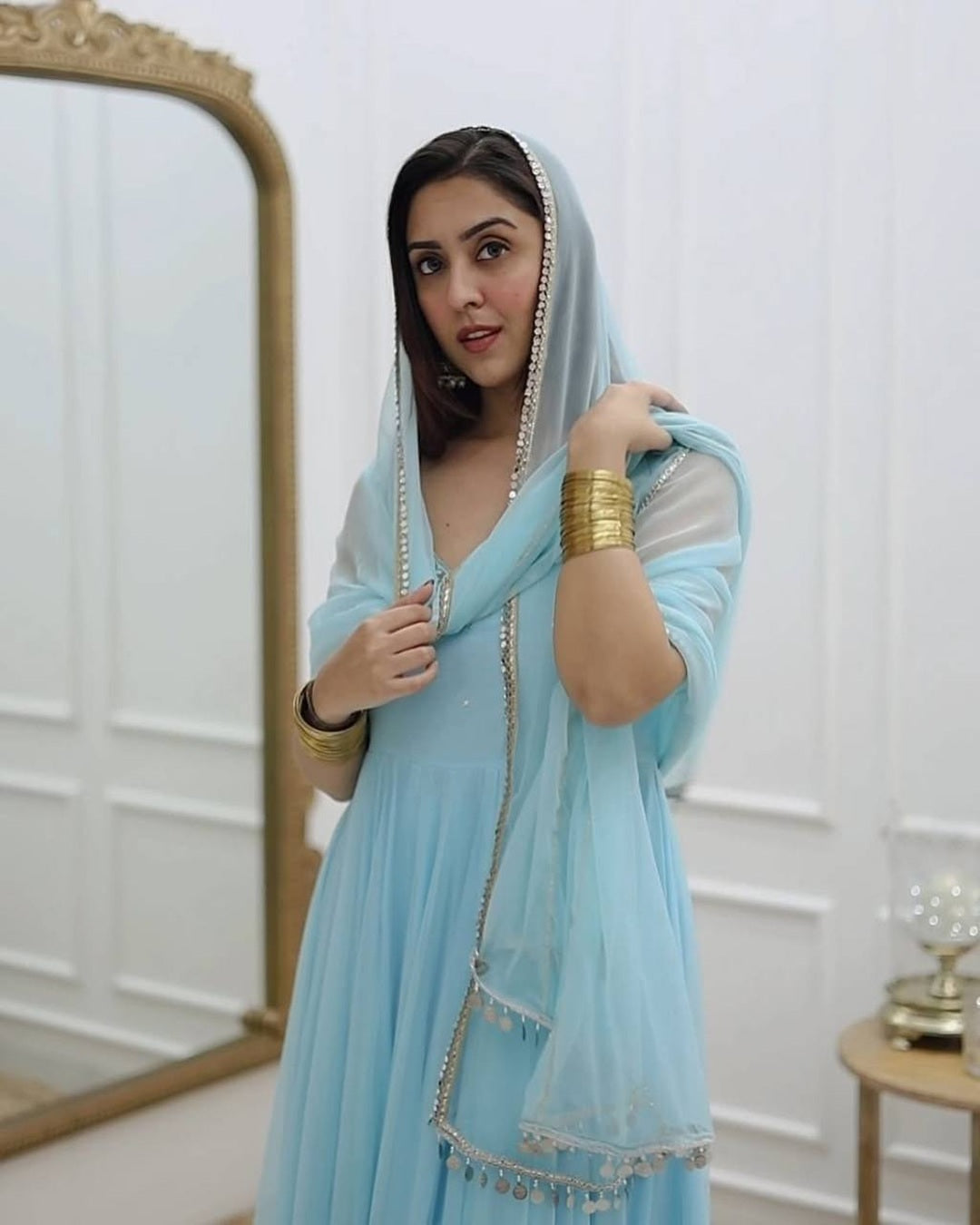 Sky Blue Long Anarkali Suit with Mirror, Kasab & Jari Work