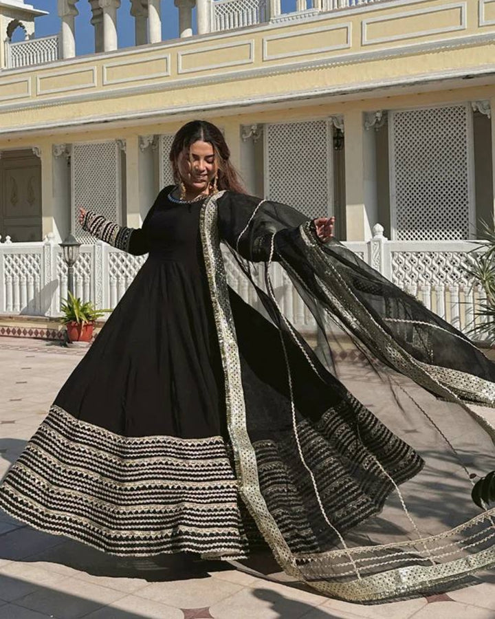Black Rayon Fabric Embroidered Anarkali Suit Set (3 Pcs)