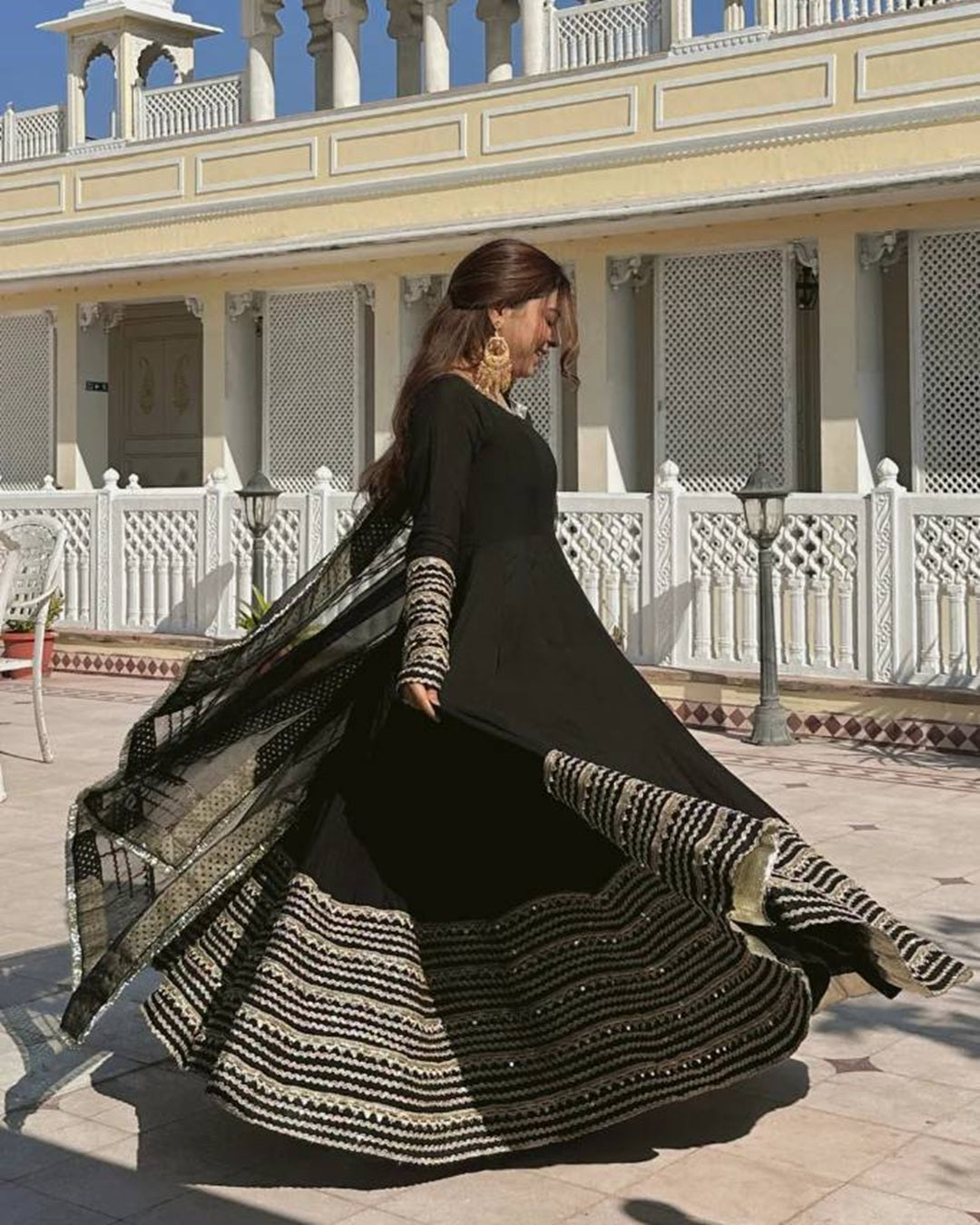 Black Rayon Fabric Embroidered Anarkali Suit Set (3 Pcs)