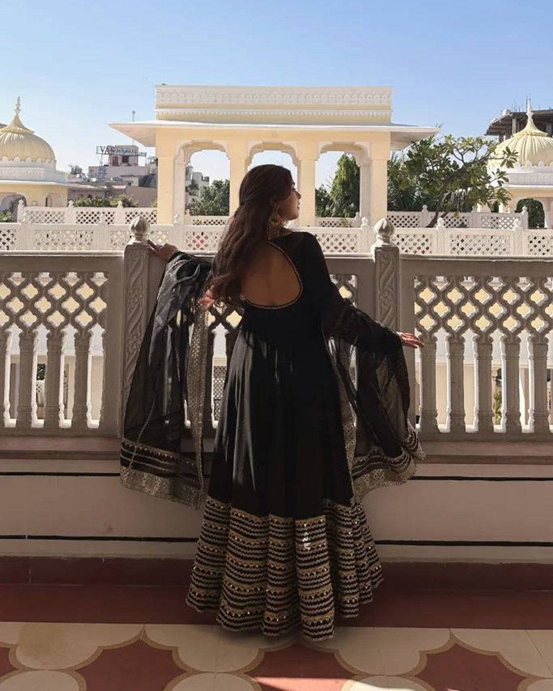 Black Rayon Fabric Embroidered Anarkali Suit Set (3 Pcs)