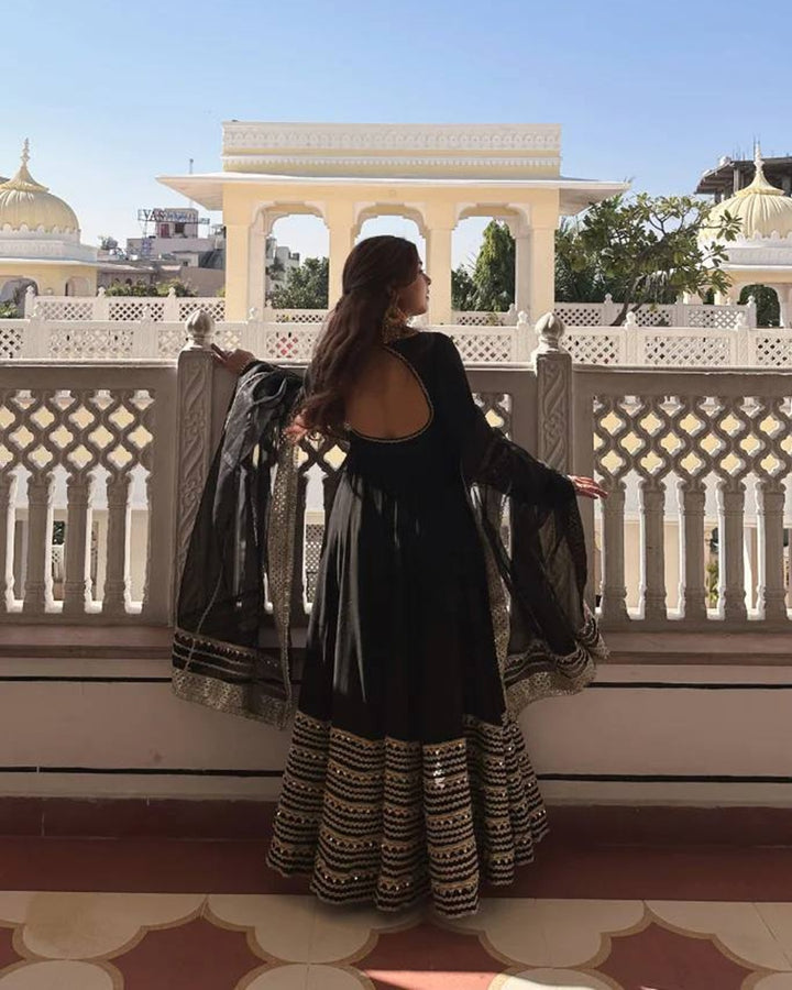 Black Rayon Fabric Embroidered Anarkali Suit Set (3 Pcs)