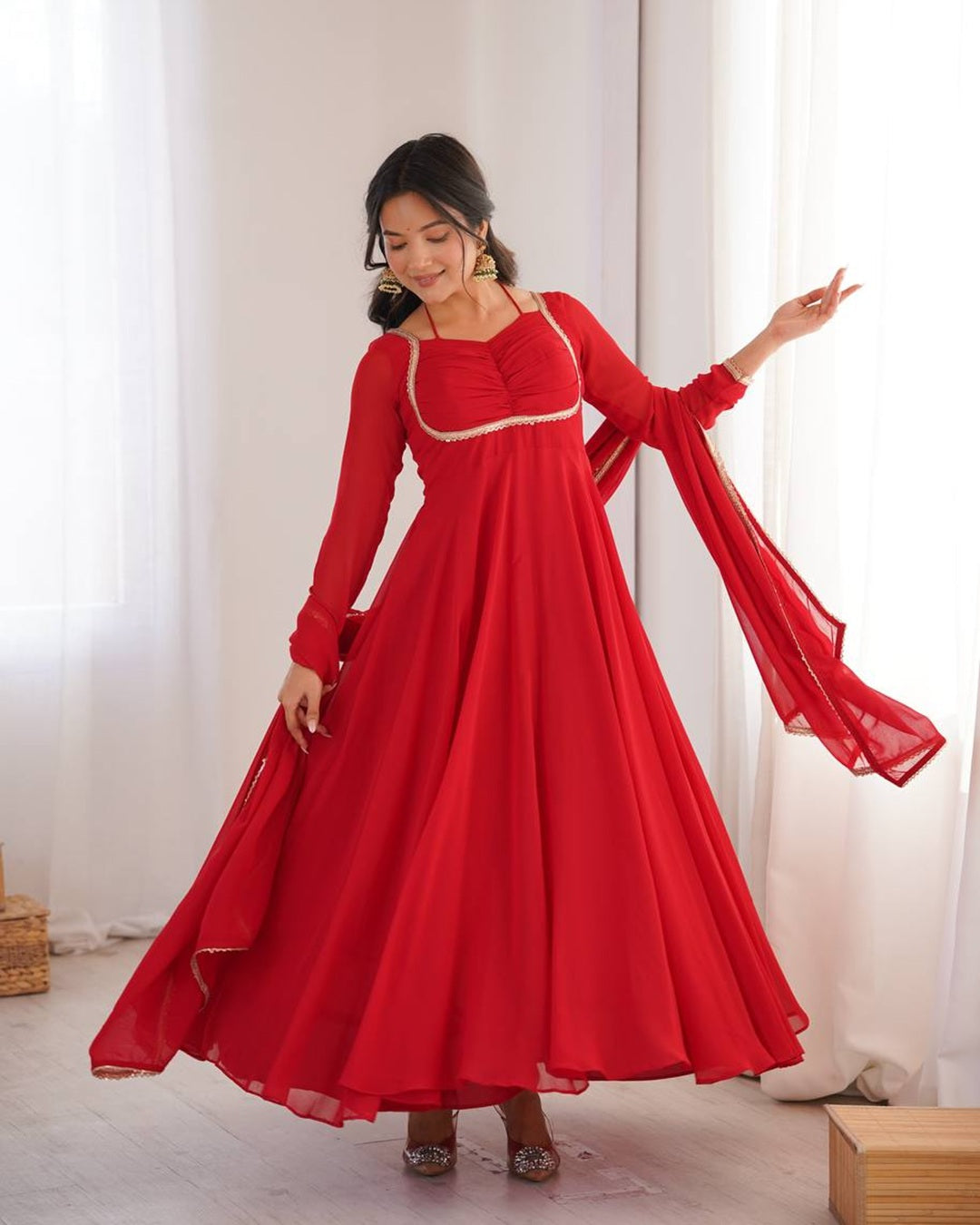 Red Pure Blooming Georgette Anarkali Gown | Elegant Festive & Wedding Wear
