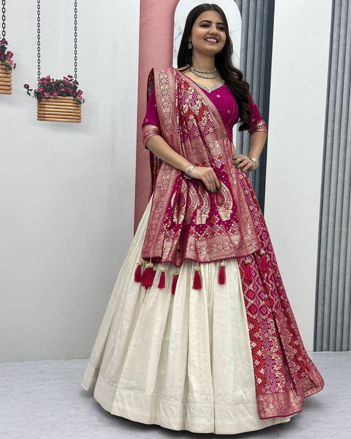Pink Pure Simar Silk Lehenga with Jacquard Silk Blouse Fabric – Fancy Moti Work