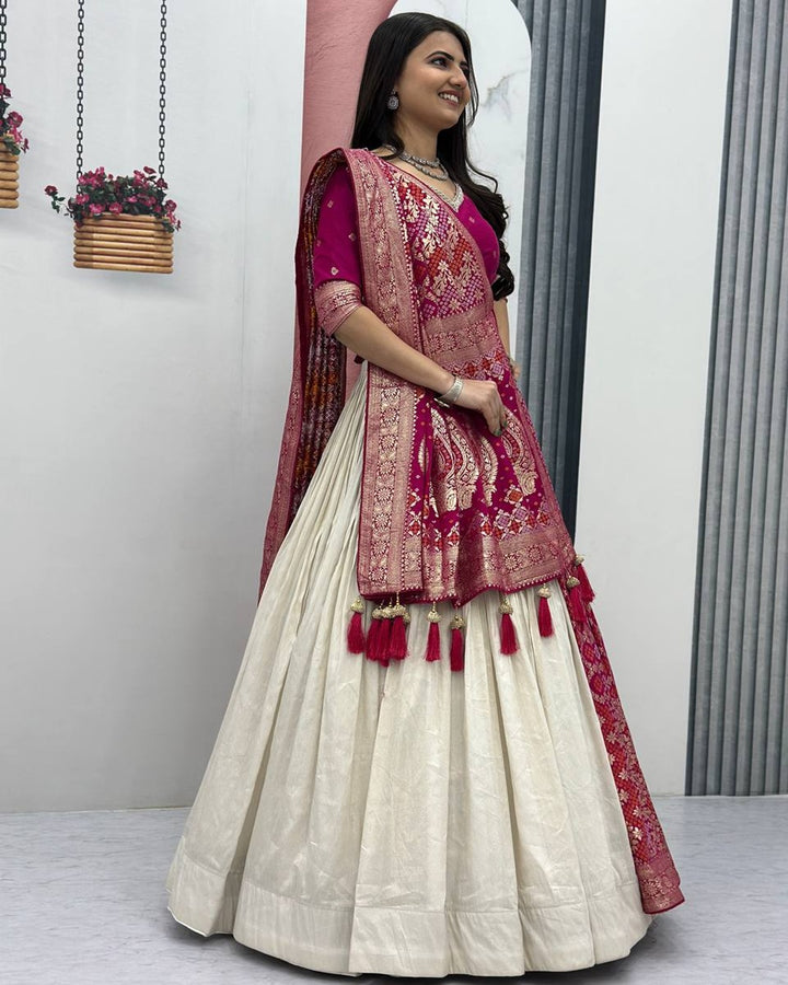 Pink Pure Simar Silk Lehenga with Jacquard Silk Blouse Fabric – Fancy Moti Work