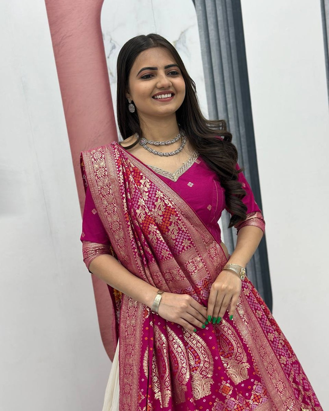 Pink Pure Simar Silk Lehenga with Jacquard Silk Blouse Fabric – Fancy Moti Work