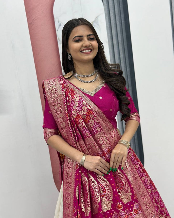 Pink Pure Simar Silk Lehenga with Jacquard Silk Blouse Fabric – Fancy Moti Work