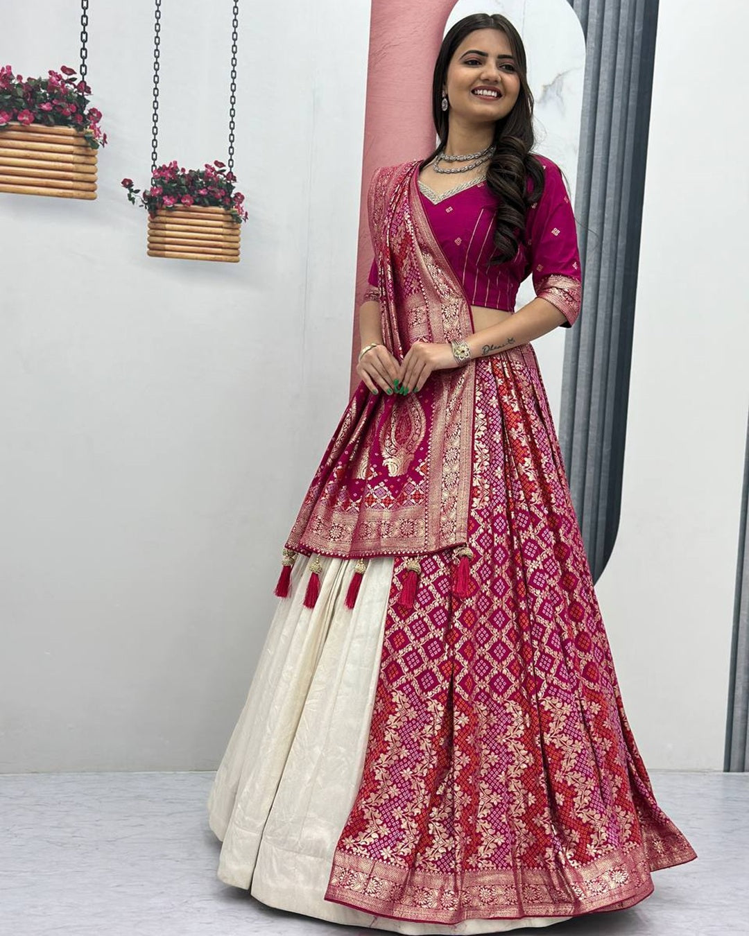 Pink Pure Simar Silk Lehenga with Jacquard Silk Blouse Fabric – Fancy Moti Work