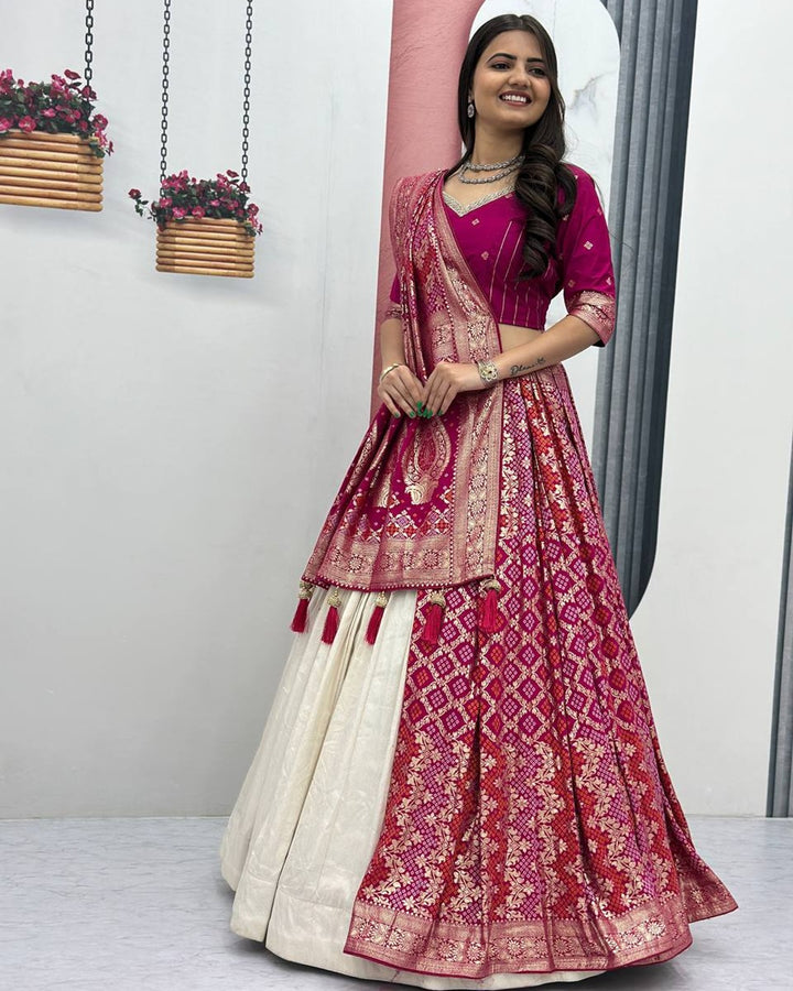 Pink Pure Simar Silk Lehenga with Jacquard Silk Blouse Fabric – Fancy Moti Work