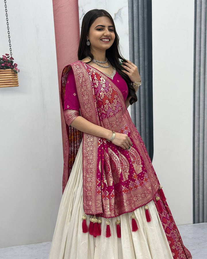Pink Pure Simar Silk Lehenga with Jacquard Silk Blouse Fabric – Fancy Moti Work