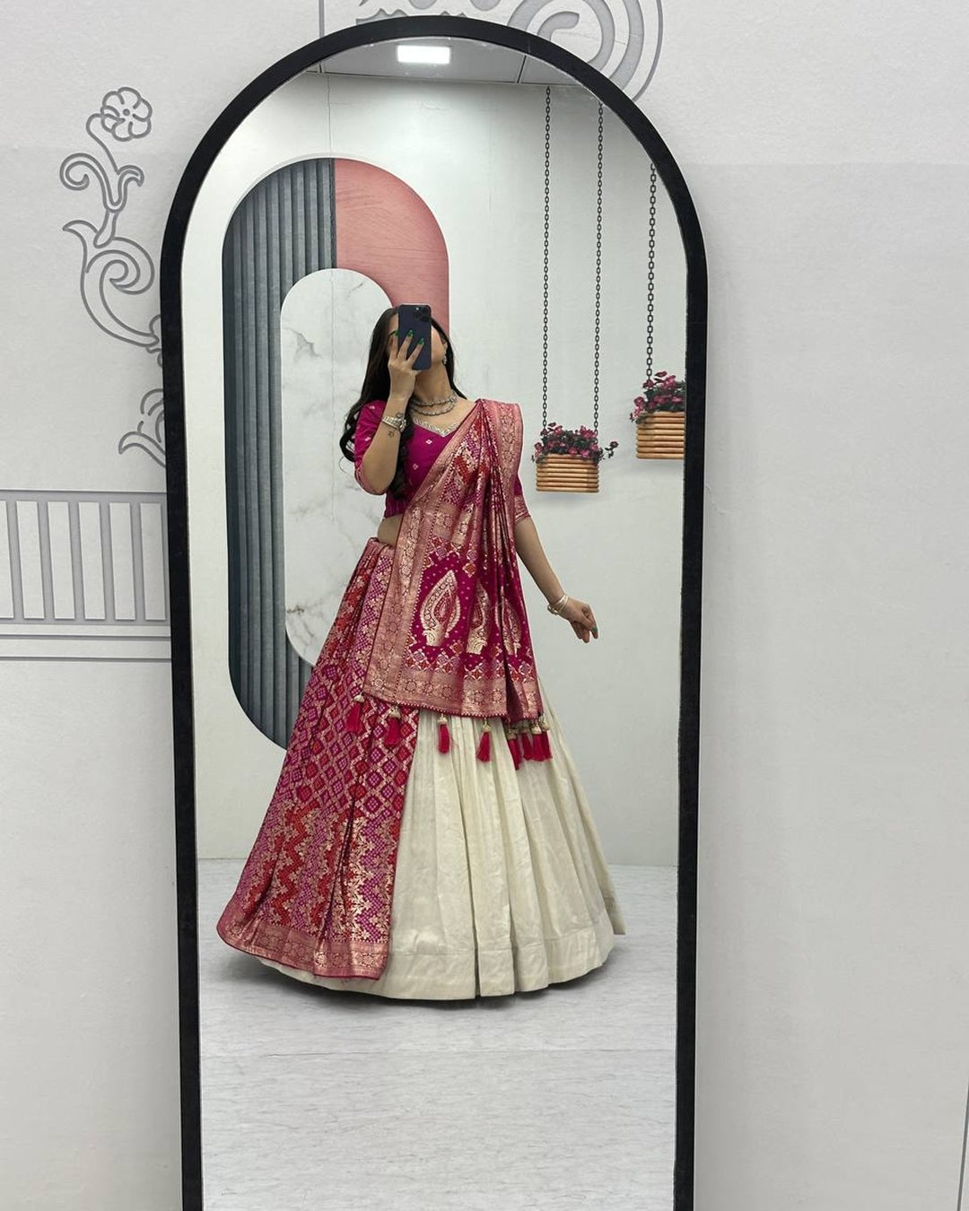 Pink Pure Simar Silk Lehenga with Jacquard Silk Blouse Fabric – Fancy Moti Work