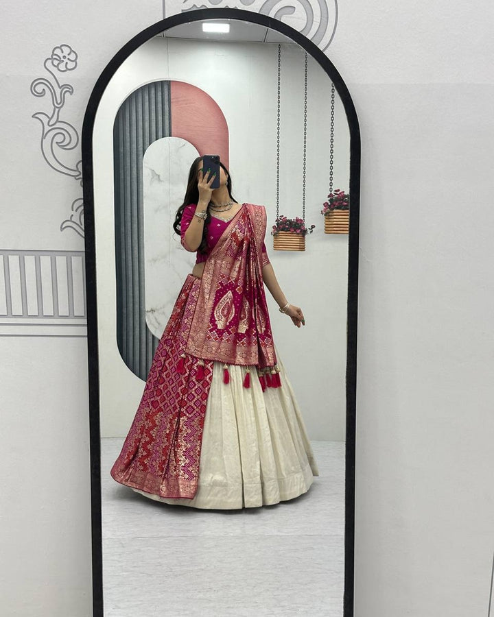 Pink Pure Simar Silk Lehenga with Jacquard Silk Blouse Fabric – Fancy Moti Work