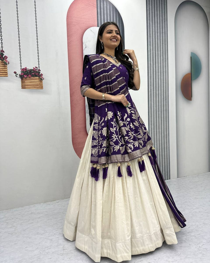 Blue Pure Simar Silk Lehenga with Jacquard Silk Blouse Fabric – Fancy Moti Work
