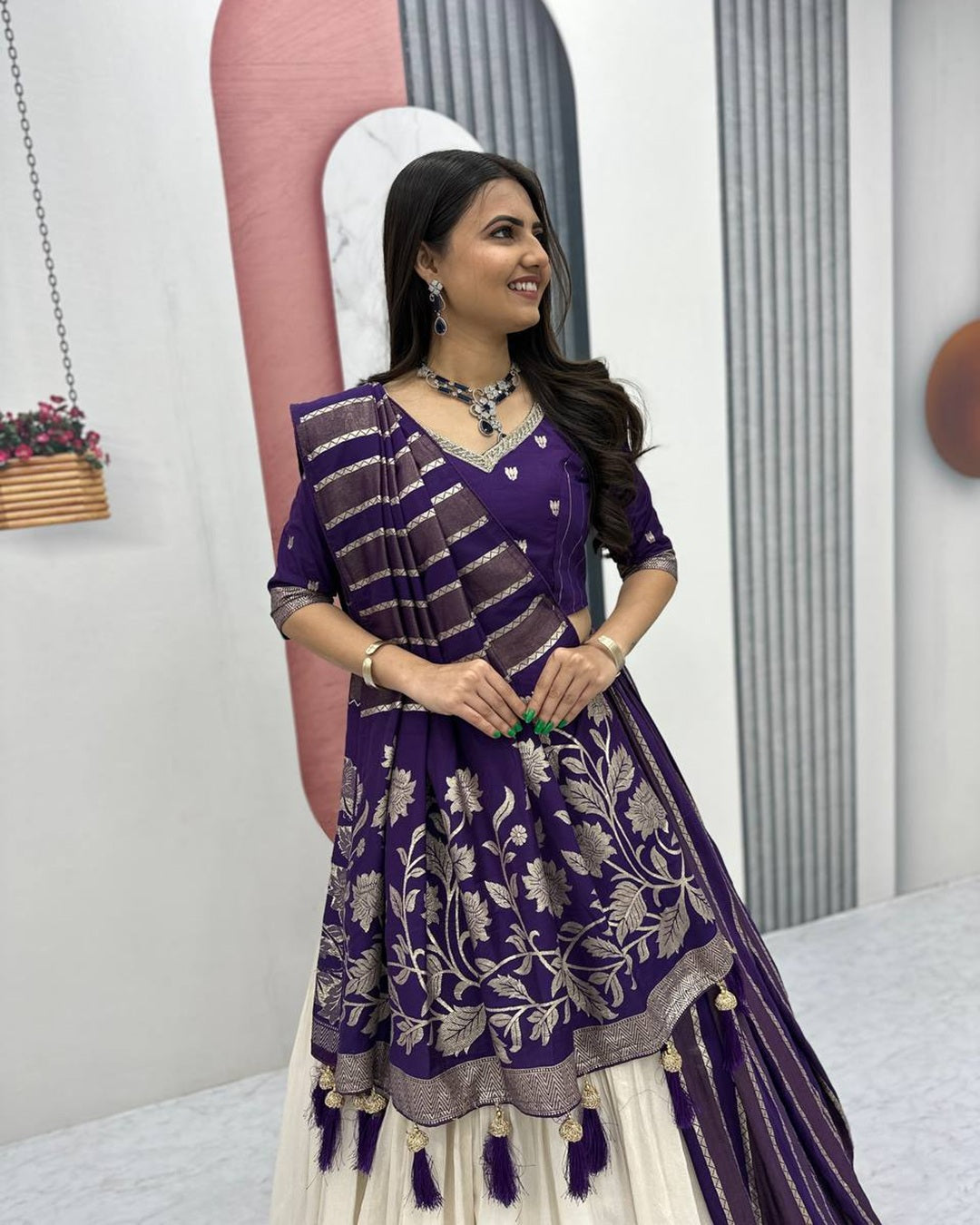 Blue Pure Simar Silk Lehenga with Jacquard Silk Blouse Fabric – Fancy Moti Work