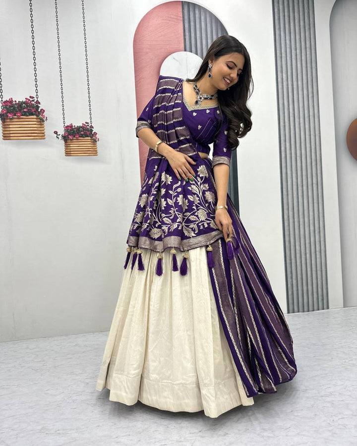 Blue Pure Simar Silk Lehenga with Jacquard Silk Blouse Fabric – Fancy Moti Work