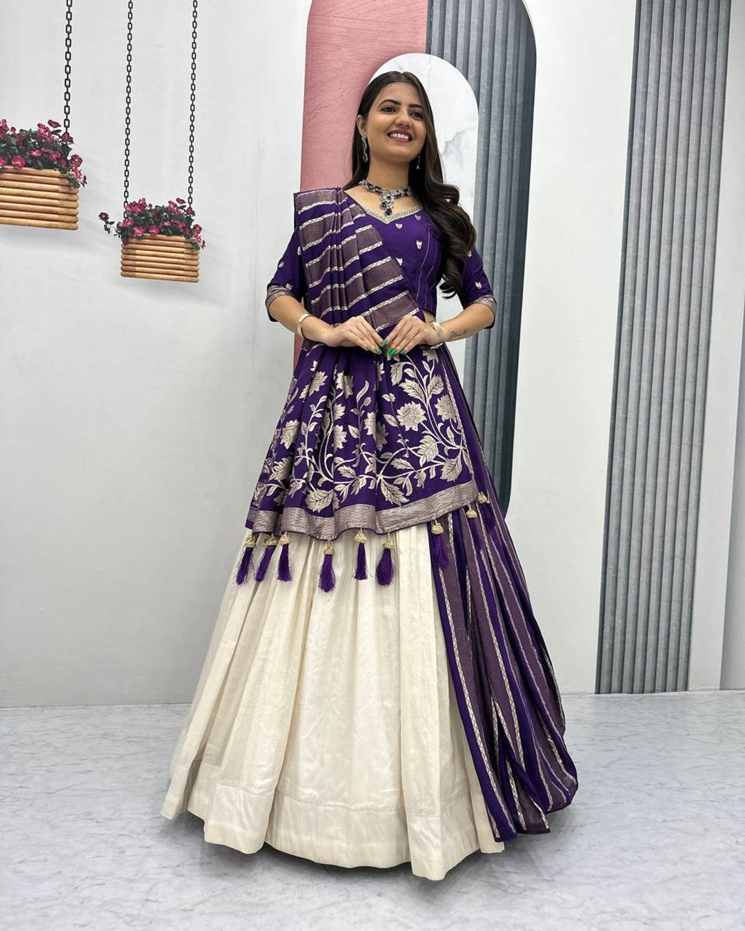 Blue Pure Simar Silk Lehenga with Jacquard Silk Blouse Fabric – Fancy Moti Work