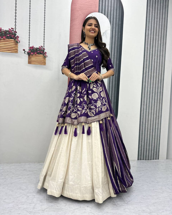 Blue Pure Simar Silk Lehenga with Jacquard Silk Blouse Fabric – Fancy Moti Work