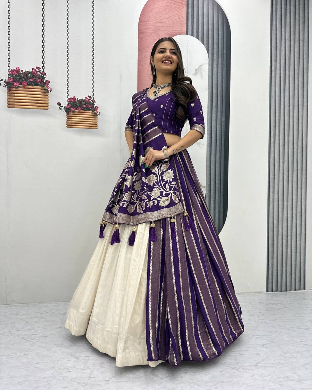 Blue Pure Simar Silk Lehenga with Jacquard Silk Blouse Fabric – Fancy Moti Work