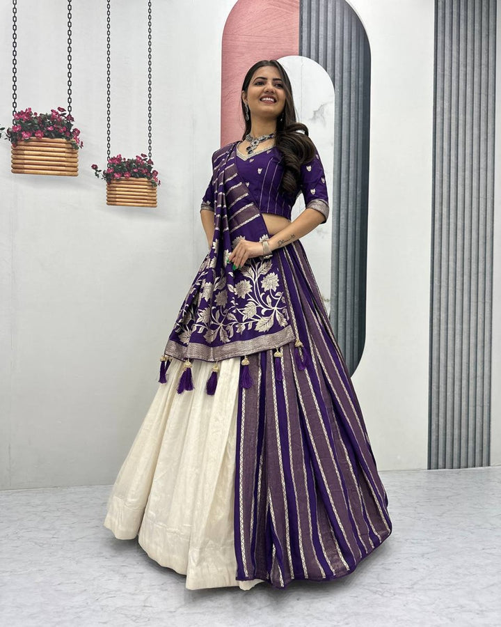 Blue Pure Simar Silk Lehenga with Jacquard Silk Blouse Fabric – Fancy Moti Work