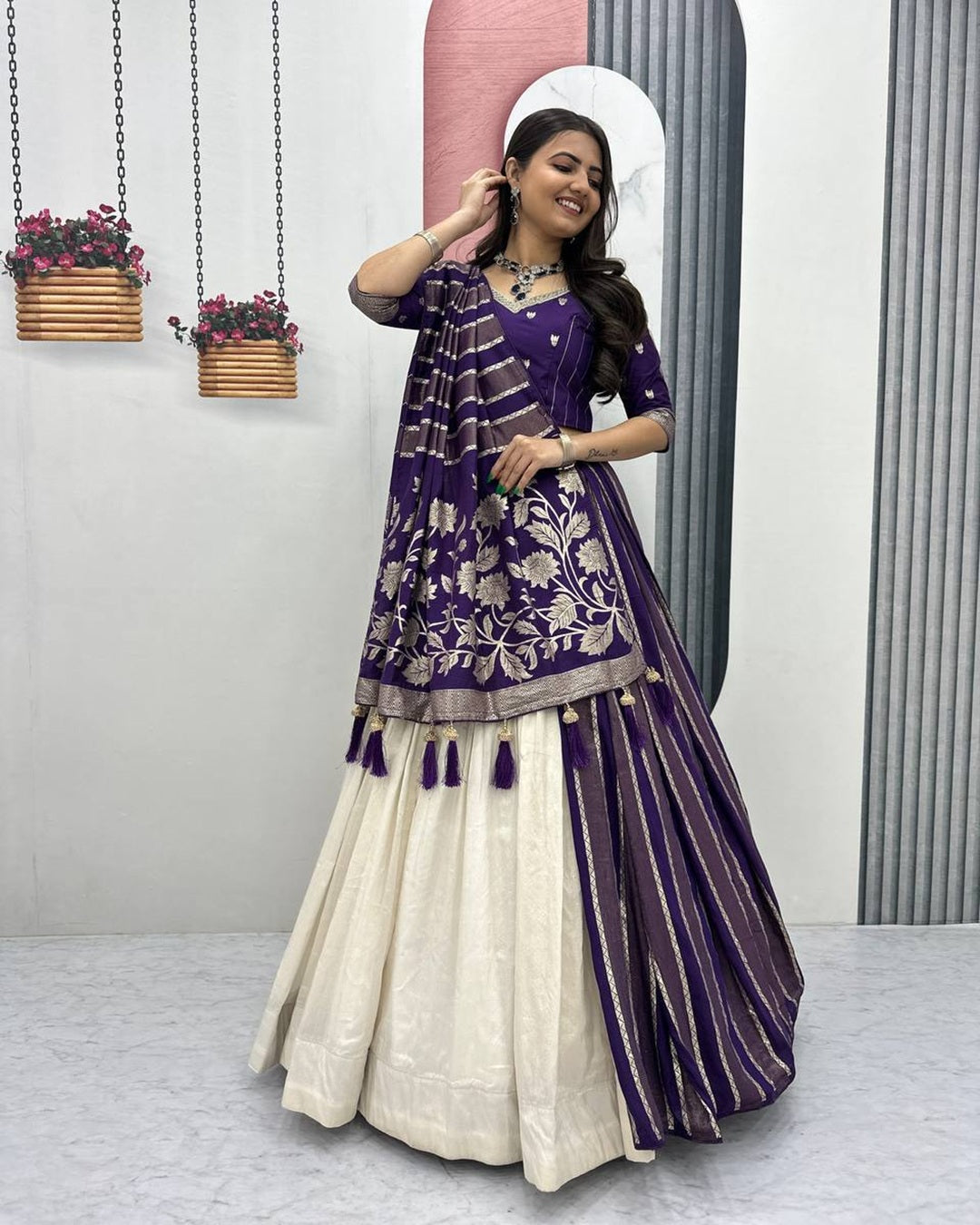 Blue Pure Simar Silk Lehenga with Jacquard Silk Blouse Fabric – Fancy Moti Work