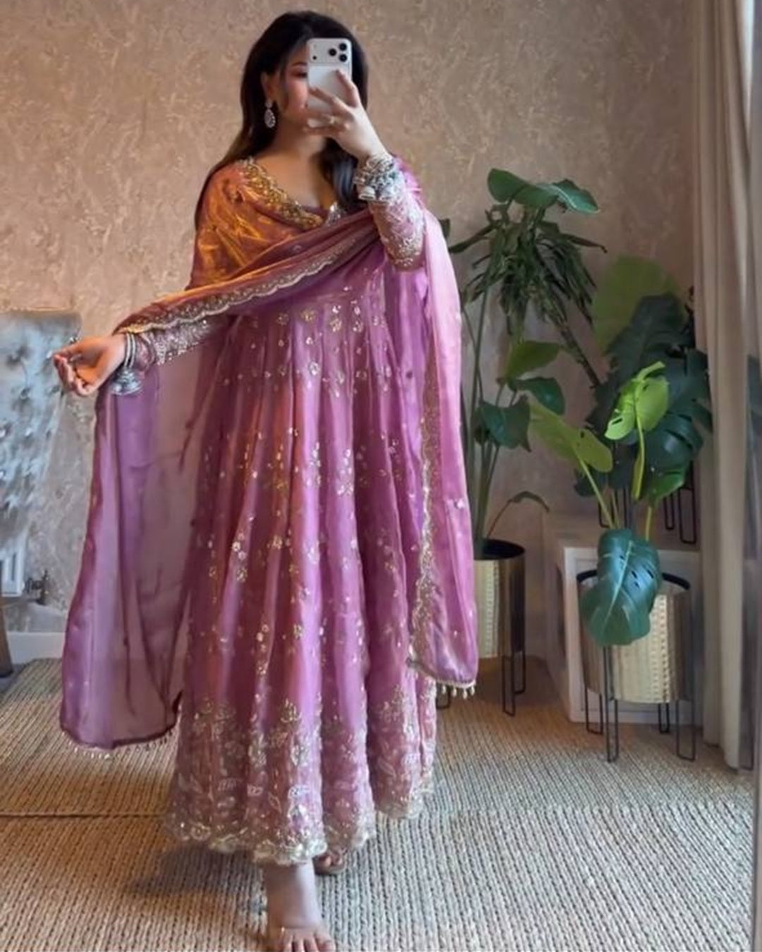 Onion Color Fandy Silk Anarkali with Embroidery Thread & Sequin Work