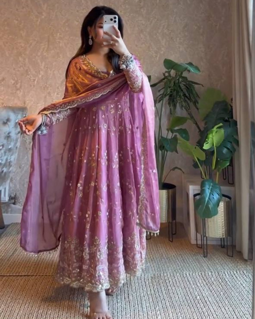 Onion Color Fandy Silk Anarkali with Embroidery Thread & Sequin Work