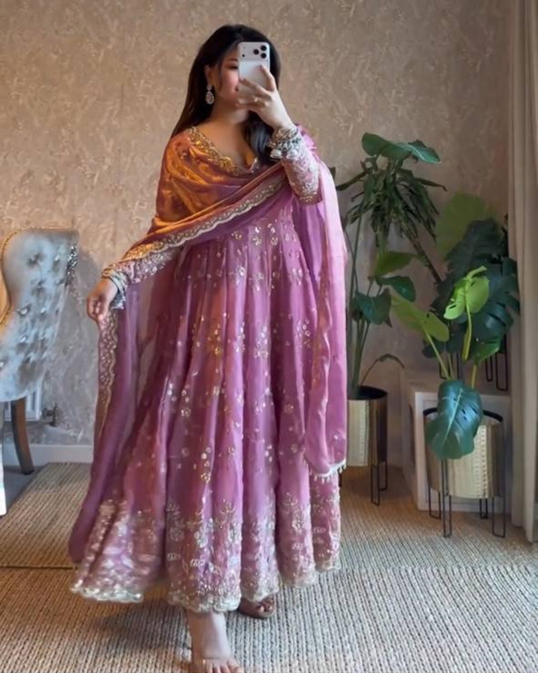 Onion Color Fandy Silk Anarkali with Embroidery Thread & Sequin Work