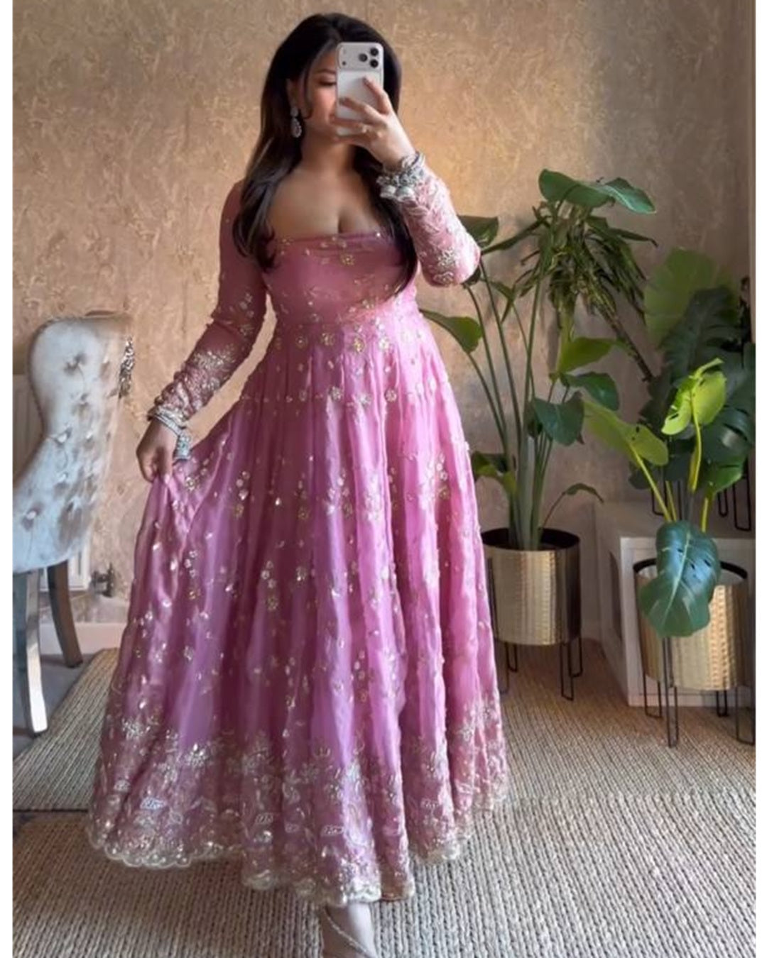 Onion Color Fandy Silk Anarkali with Embroidery Thread & Sequin Work