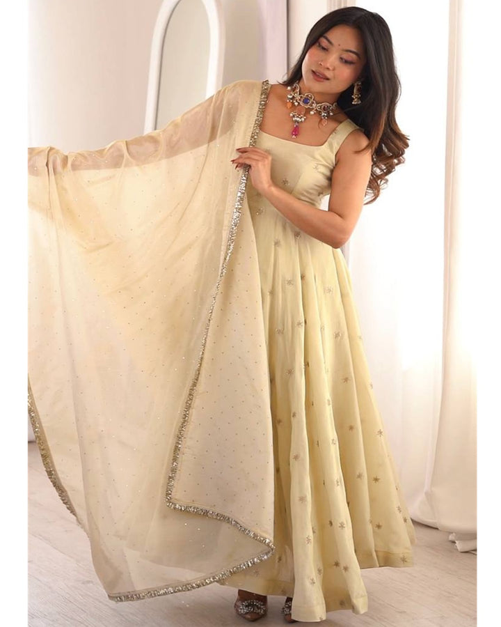 Ivory Cosmos Fabric Suit Set with Gold Embroidery Work