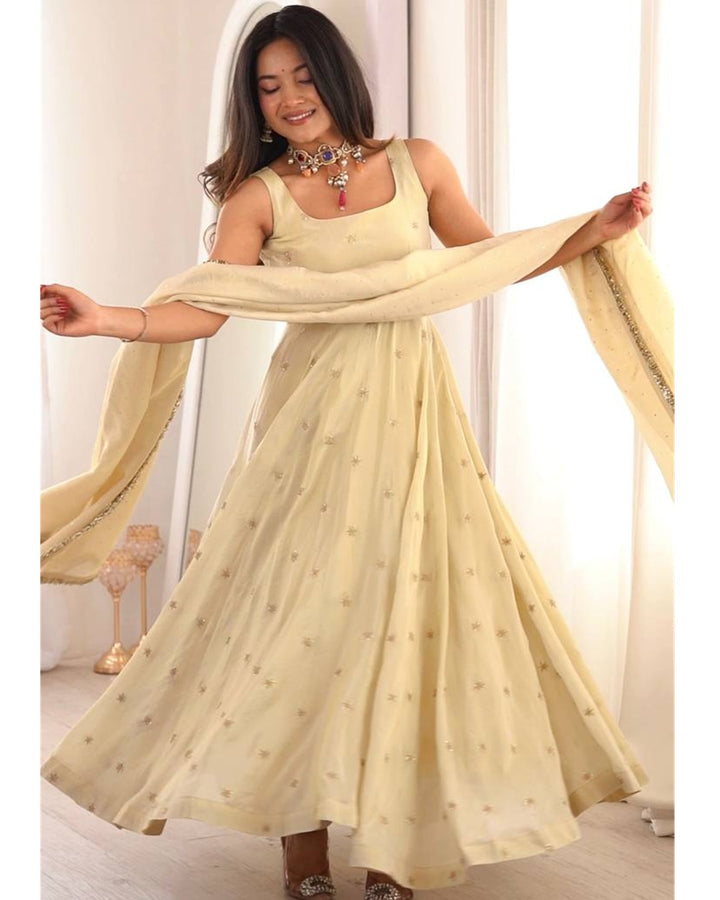 Ivory Cosmos Fabric Suit Set with Gold Embroidery Work