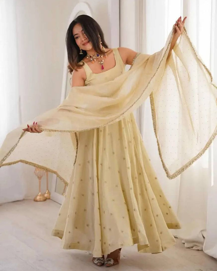 Ivory Cosmos Fabric Suit Set with Gold Embroidery Work