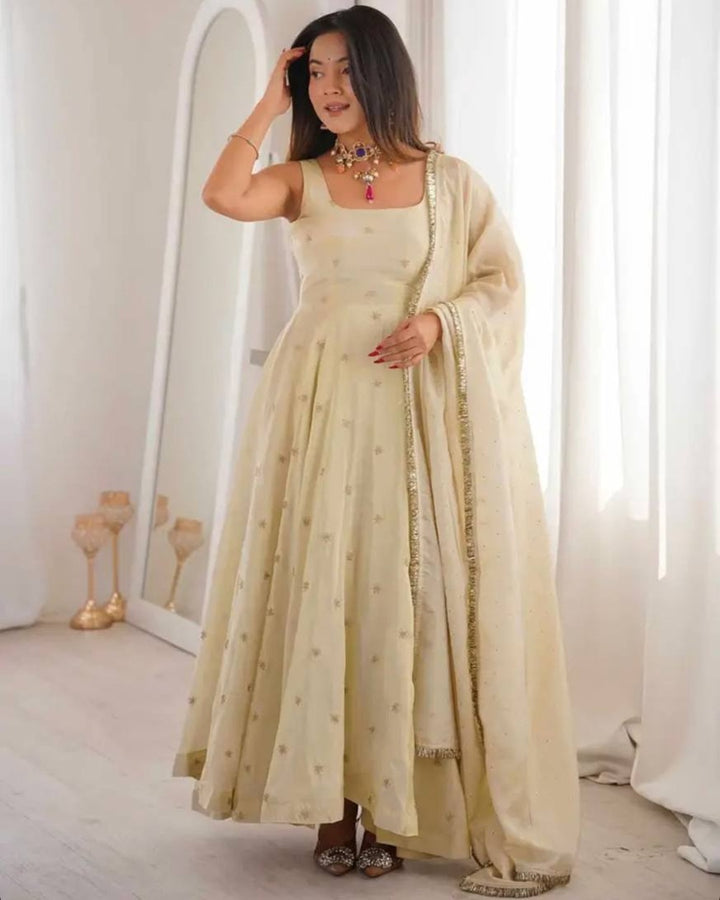 Ivory Cosmos Fabric Suit Set with Gold Embroidery Work