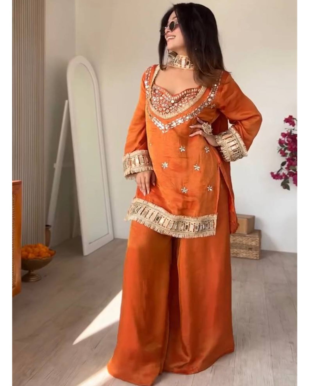 Orange Fendy Silk Royal Sheeshmahal Sharara Set