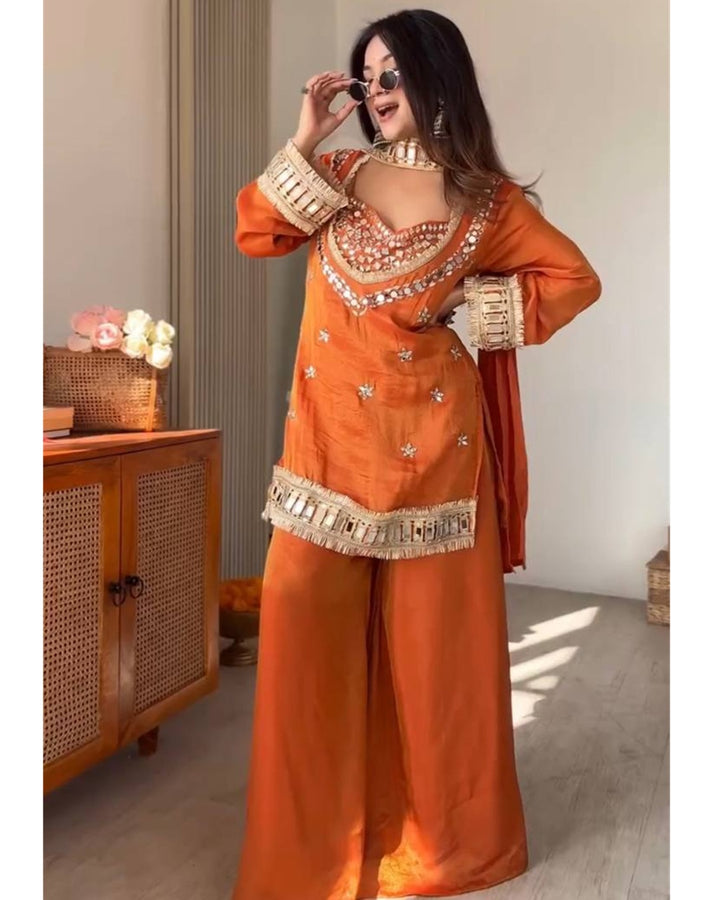 Orange Fendy Silk Royal Sheeshmahal Sharara Set