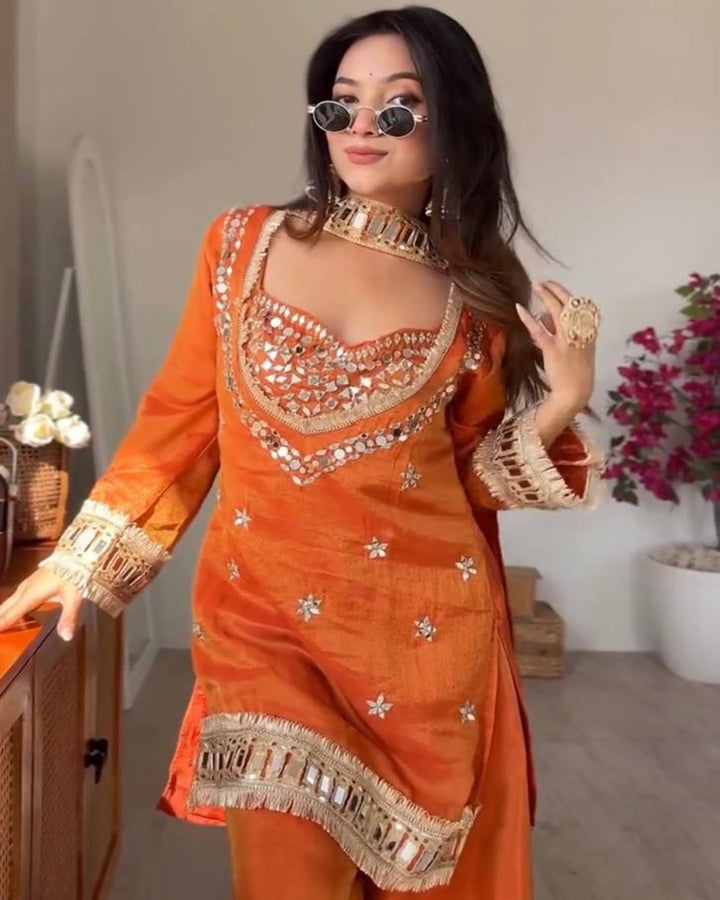 Orange Fendy Silk Royal Sheeshmahal Sharara Set