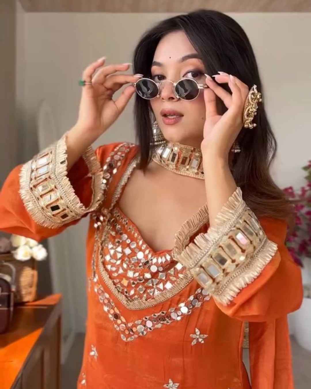 Orange Fendy Silk Royal Sheeshmahal Sharara Set