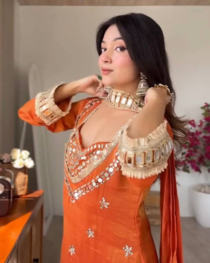 Orange Fendy Silk Royal Sheeshmahal Sharara Set