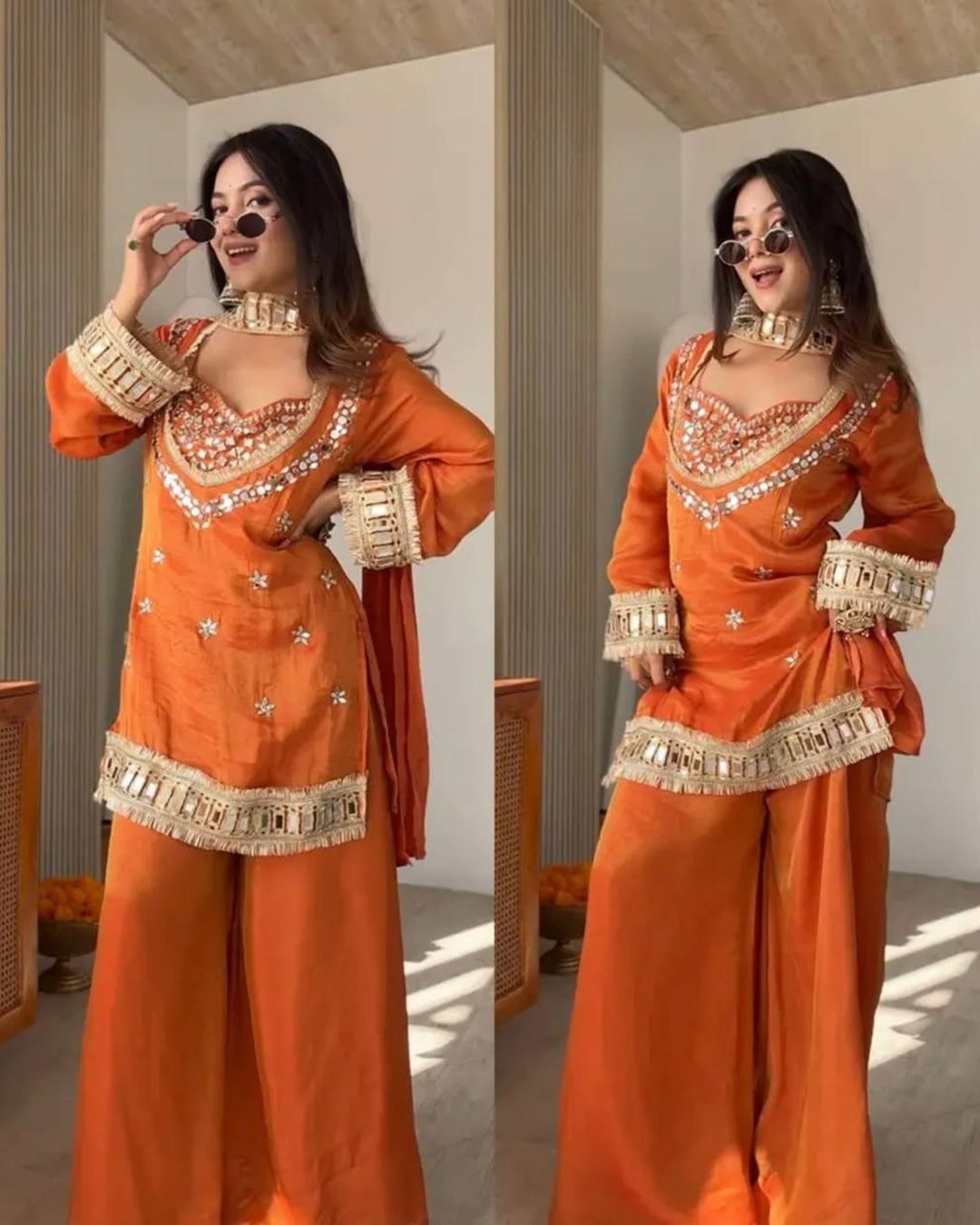 Orange Fendy Silk Royal Sheeshmahal Sharara Set
