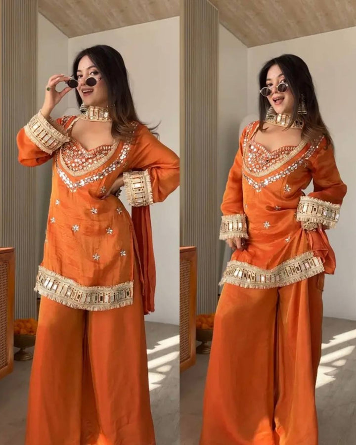 Orange Fendy Silk Royal Sheeshmahal Sharara Set