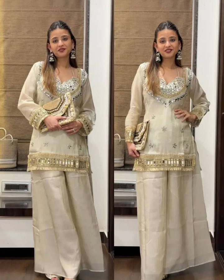 Off-White Fendy Silk Royal Sheesh mahal Sharara Set | Luxury Festive Wear