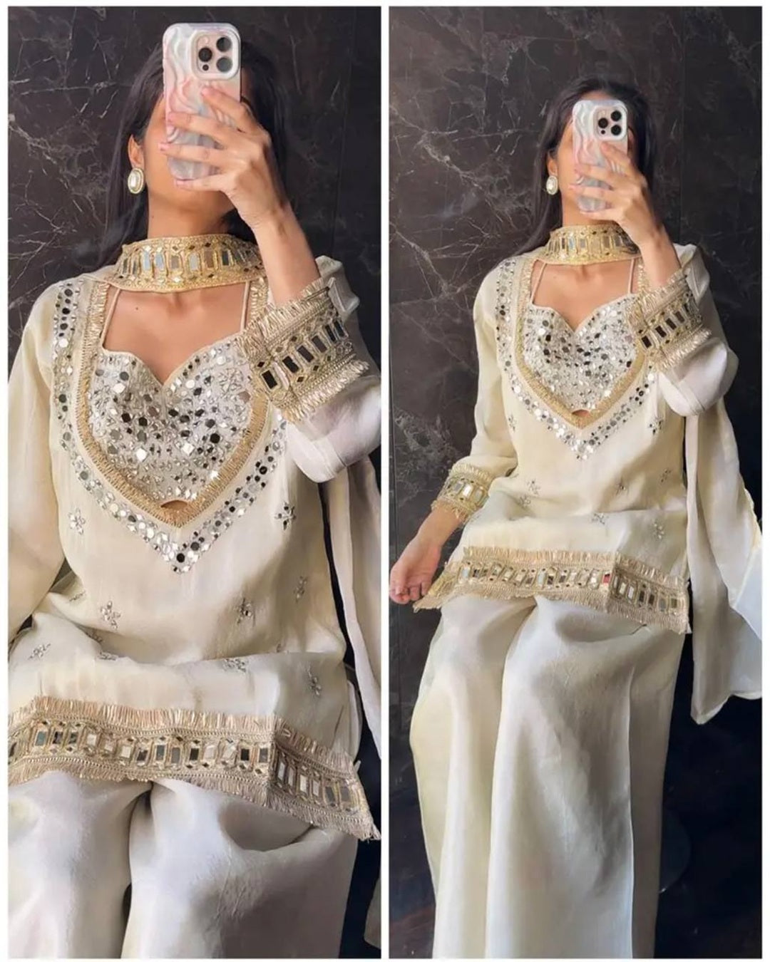 Off-White Fendy Silk Royal Sheesh mahal Sharara Set | Luxury Festive Wear