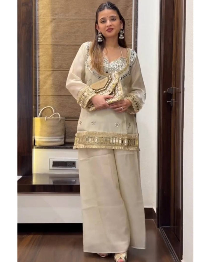 Off-White Fendy Silk Royal Sheesh mahal Sharara Set | Luxury Festive Wear