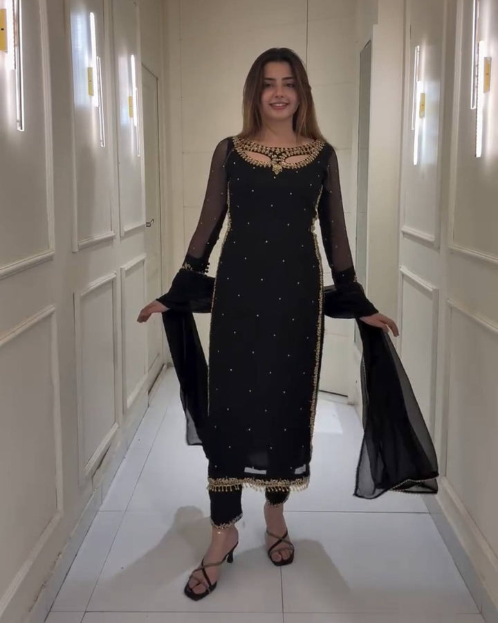Designer Black Suit with Pearl & Embroidery Work | Elegant Party Wear