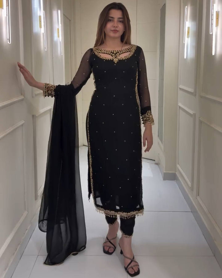 Designer Black Suit with Pearl & Embroidery Work | Elegant Party Wear